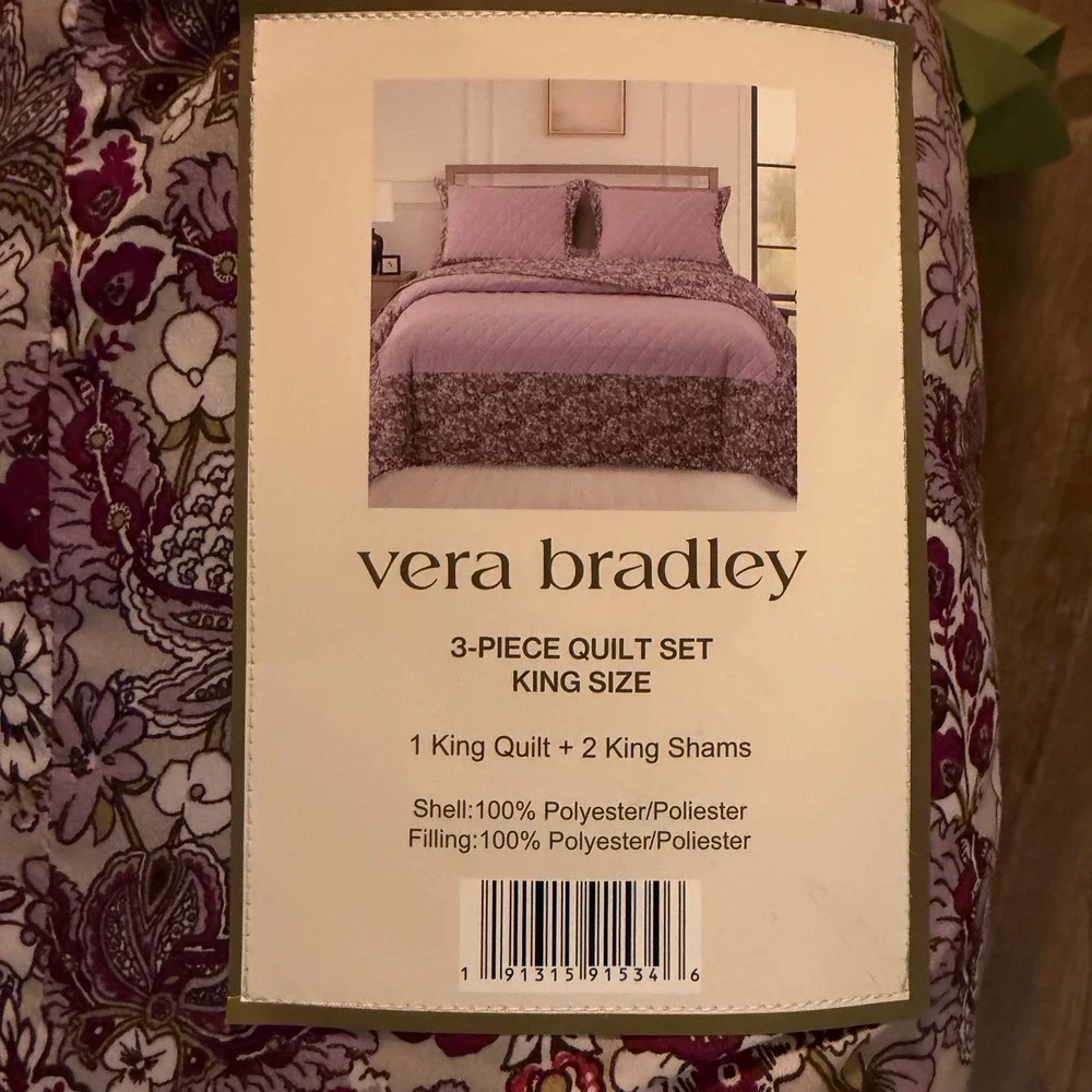 Vera Bradley Quilt Set King Lavender Plum Floral 3-Piece Reversible Bedding